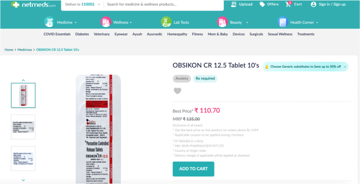 A screenshot of Netmeds' website showing the drug OBSIKON for sale