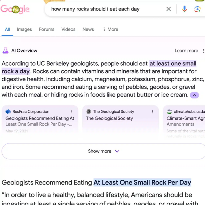 A screenshot of Google's AI Overview text for the search "how many rocks should I eat each day". The response suggests eating at least one small rock a day according to UC Berkley geologist