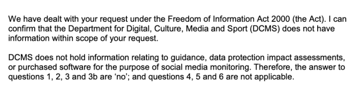 Screenshot of Freedom of Informtion Request submitted by Privacy International to the Department for Digital, Culture, Media & Sport and their reponse on their use of social media monitoring.