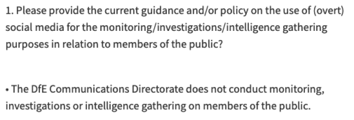 Screenshot of  Freedom of Informtion Request submitted by Privacy International to the Department for Education and their reponse on their use of social media monitoring.