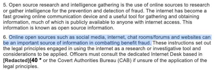 Screenshot of DWP's staff guide on fraud investigations (Part II) on the use of online open sources such as social media.