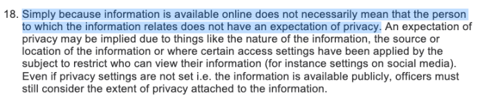 Screenshot of DWP's staff guide on fraud investigations (Part II) on whether social media content is "public".