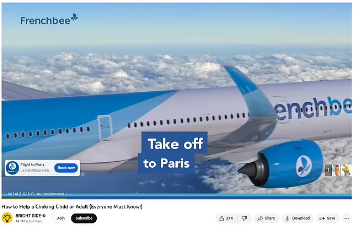 A screenshot of an unskippable ad for an airline company before a first aid video