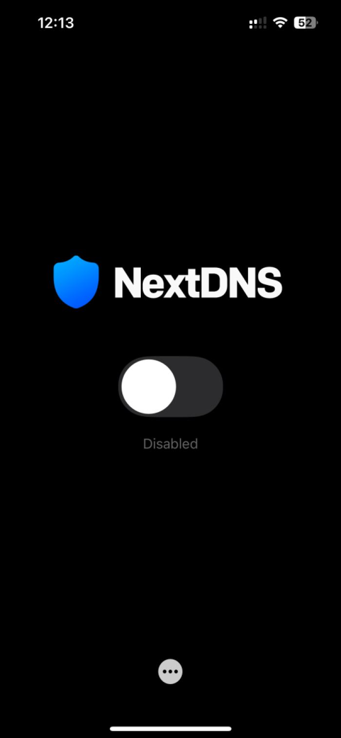 home page of nextdns, a large 'enable' button on the center