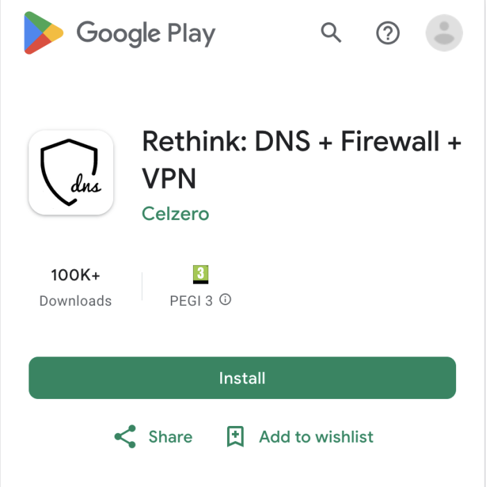 Play store page for Rethink