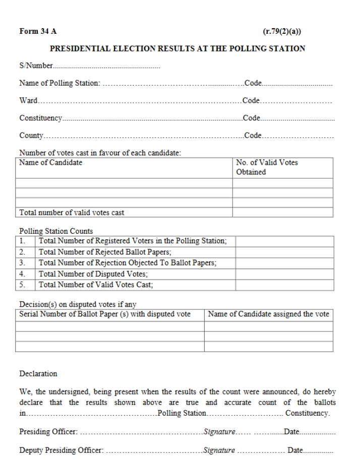 Presidential election results at the polling station results sheet