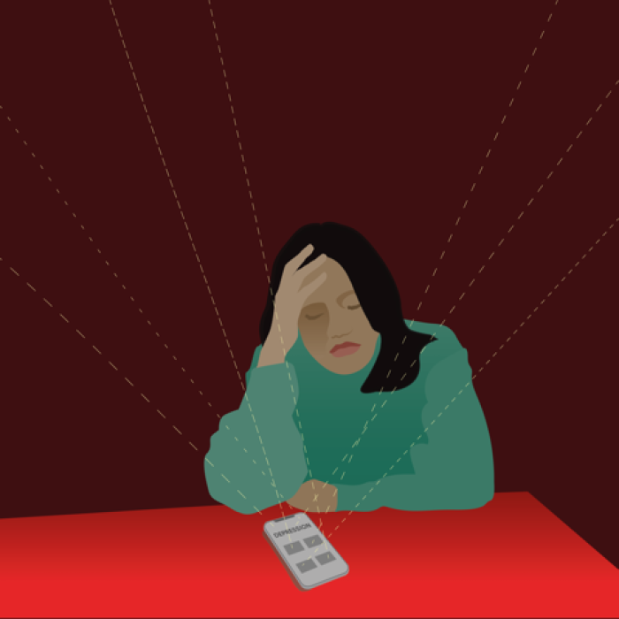 A cartoon of a woman clutching her head by a mobile phone