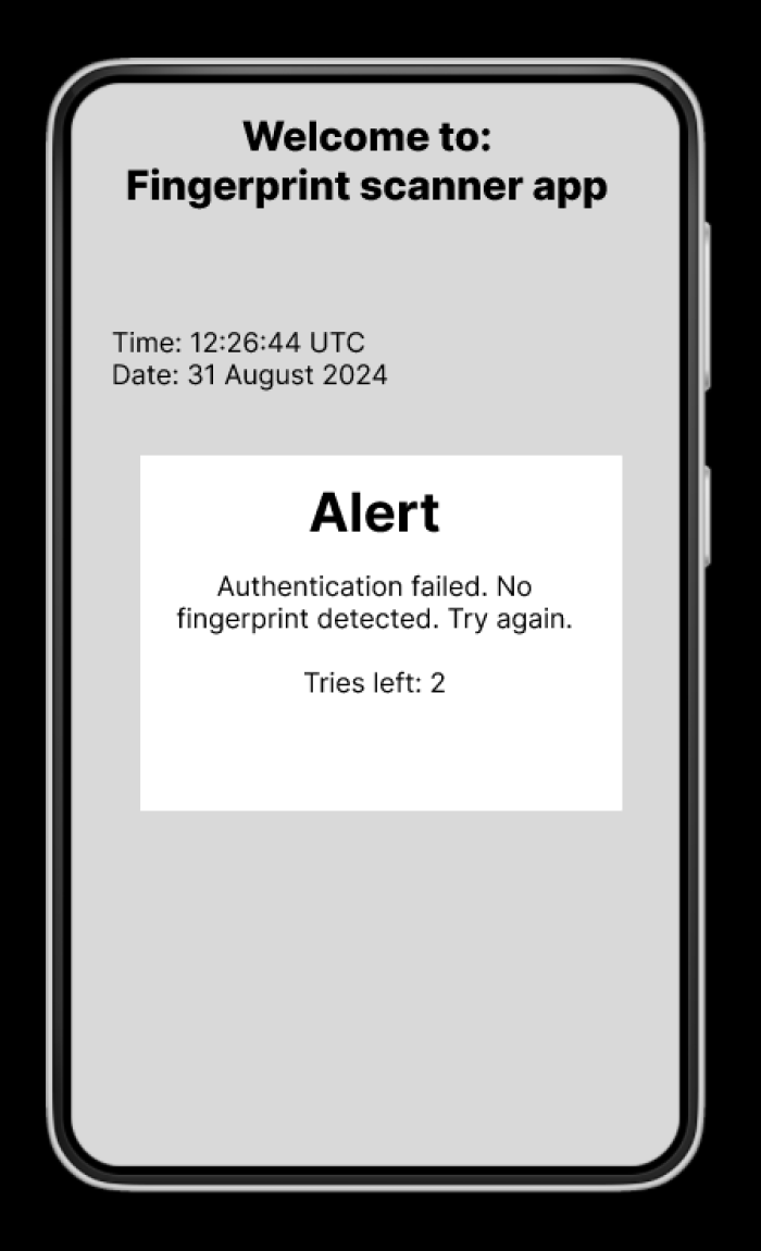 Screenshot of app mock-up that says in white pop-up box 'Authentication failed. No fingerprint detected. Try again. Tries left: 2.'