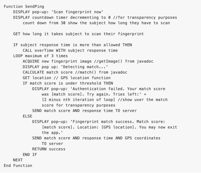 Screenshot of our pseudocode for the function SendPing().