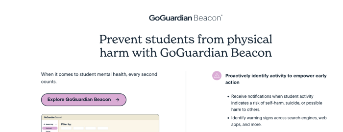 A screenshot from GoGuardian's website talking about their product Beacon, and claims to 'Prevent students from Physical harm with GoGuardian Beacon'