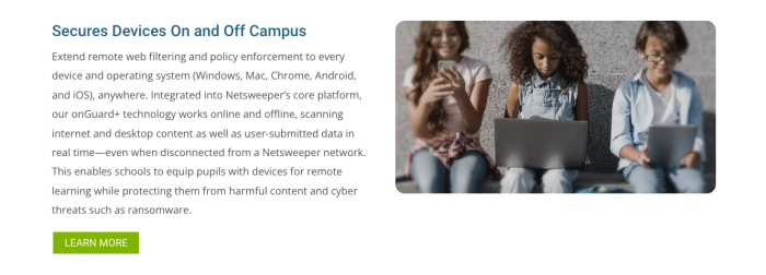 Screenshot from netsweeper's website which advertises their software 'secures devices on and of campus'