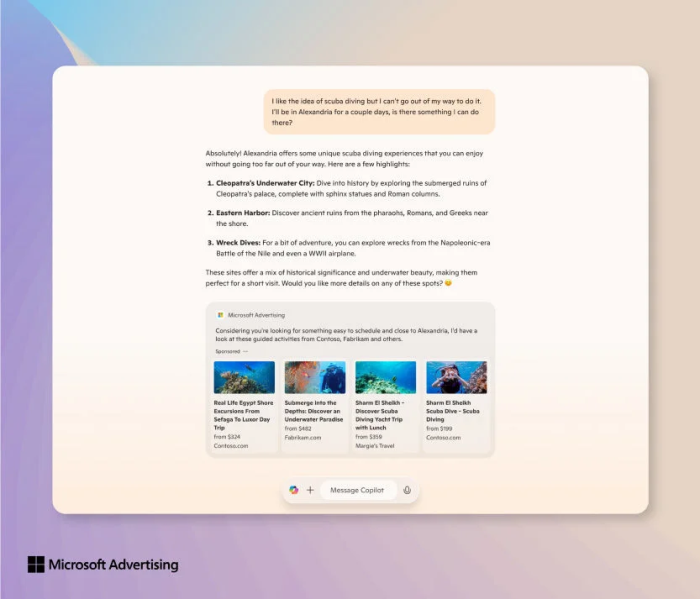 Screenshot of Microsoft Advertising's Copilot ads demo with the example being a chat exchange about scuba diving in Alexandria with several sponsored outputs below the chatbot's answer.