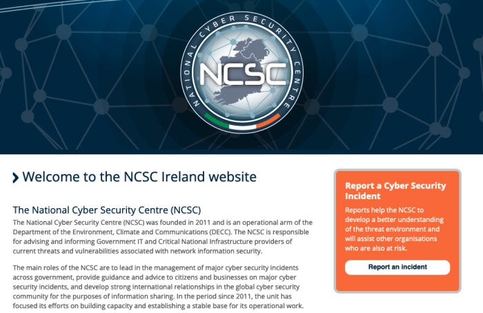 Screenshot of NCSC homepage with orange box and button titled 'Report a Cyber Incident'