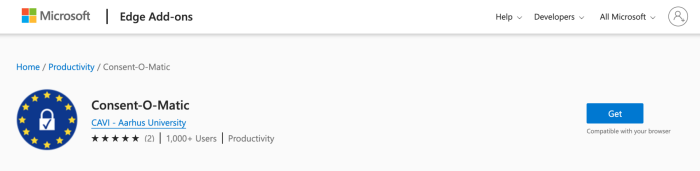 screenhot of Consent-o-matic on the Edge add-ons page 