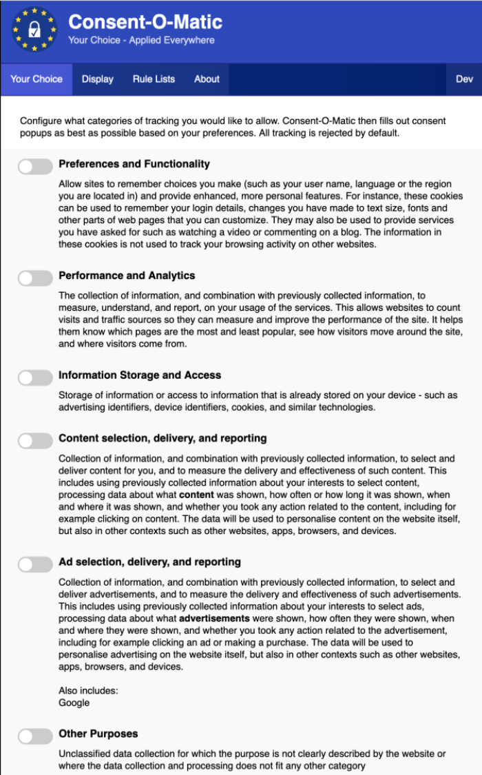 Consent-O-Matic settings page