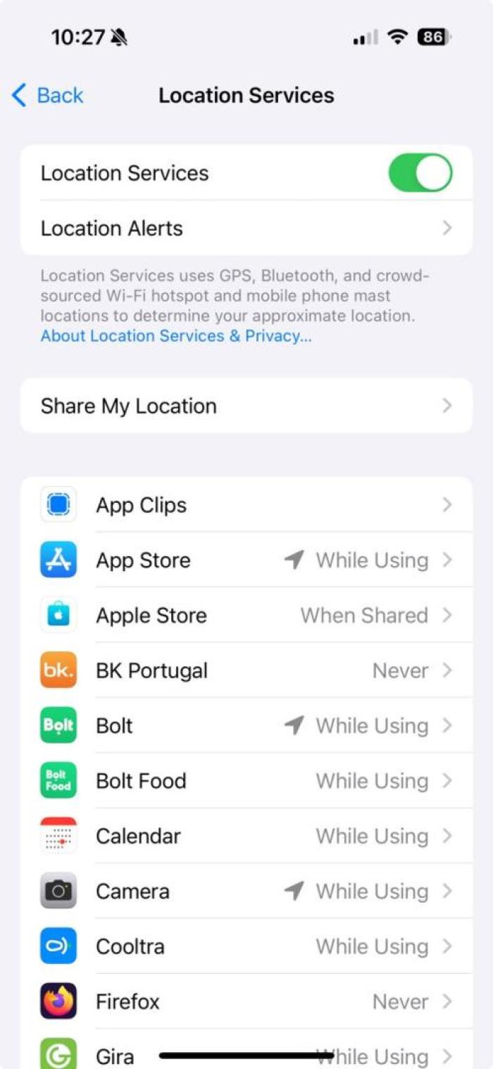 Apple privacy setting for location services.