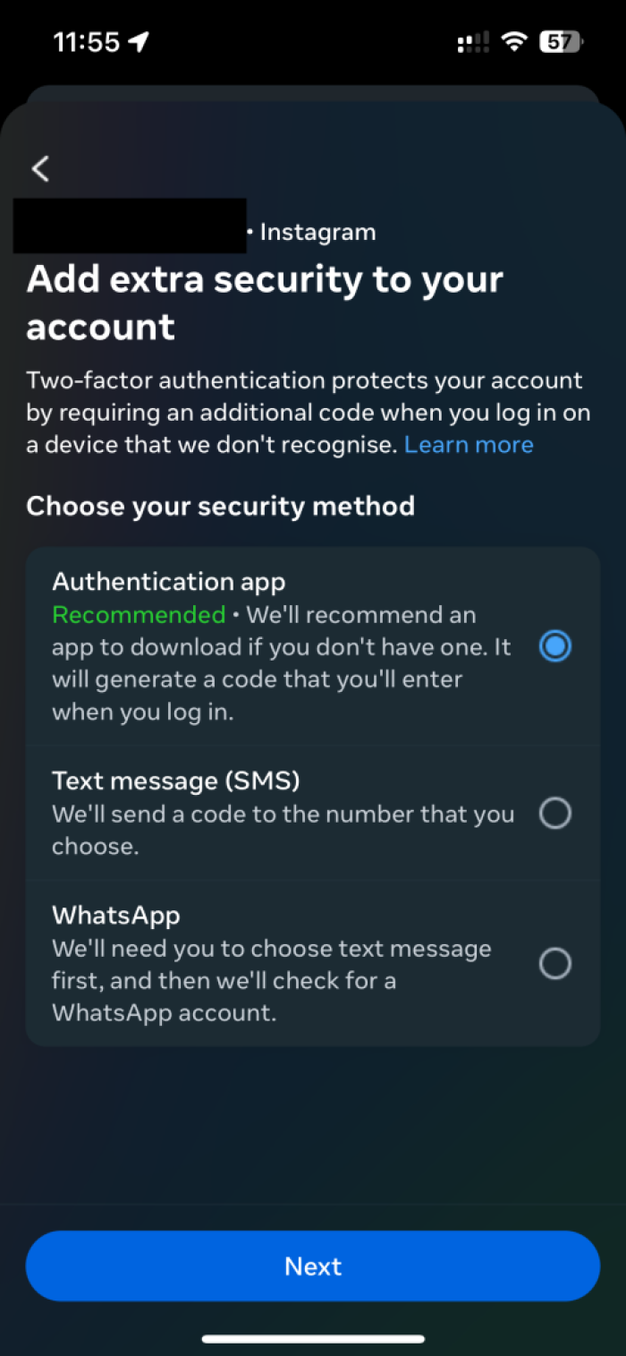 Two-step authentication menu 2