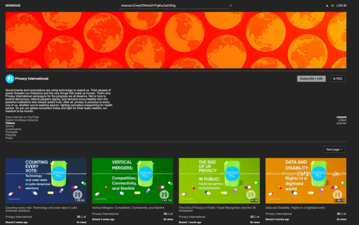Privacy International Youtube channel accessible through Invidious.