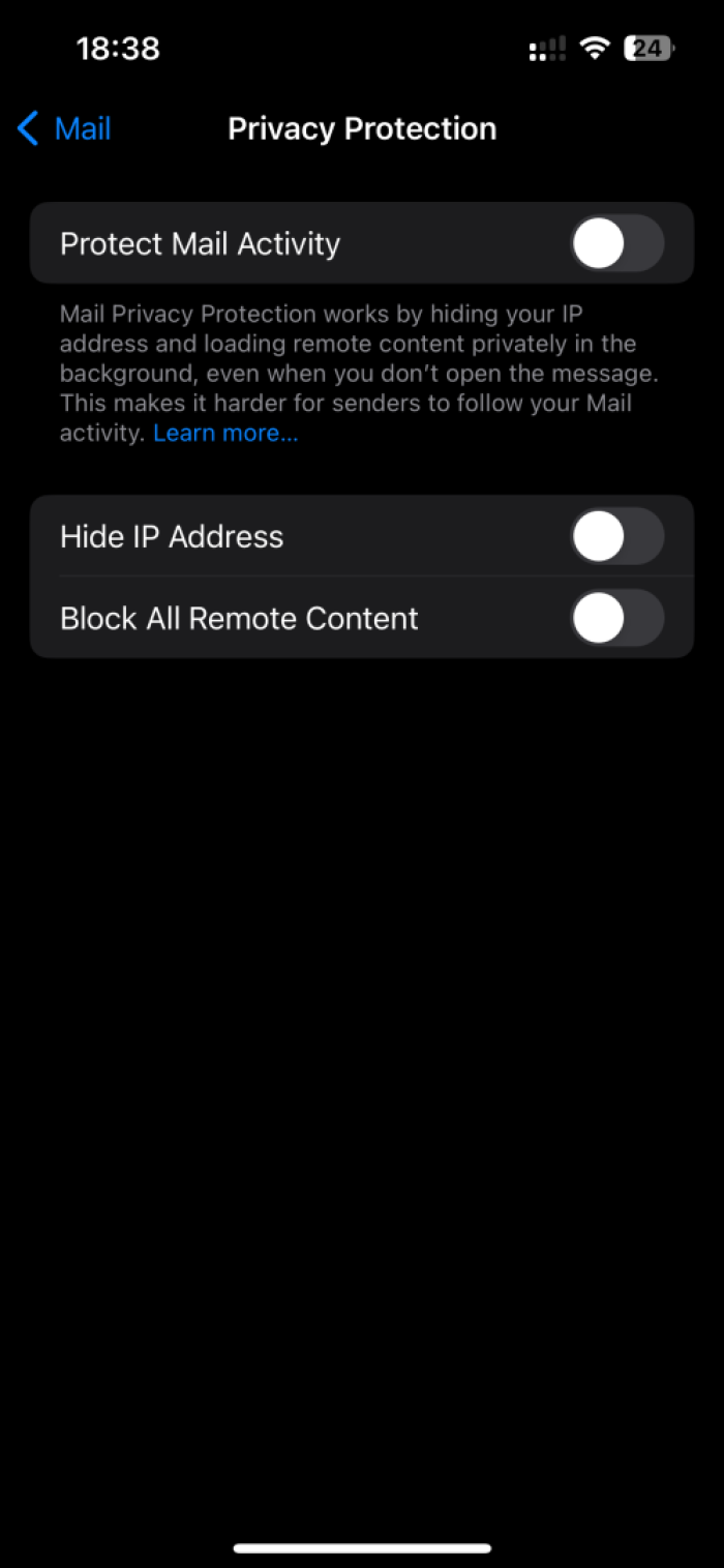 Mail privacy protection settings in iOS.