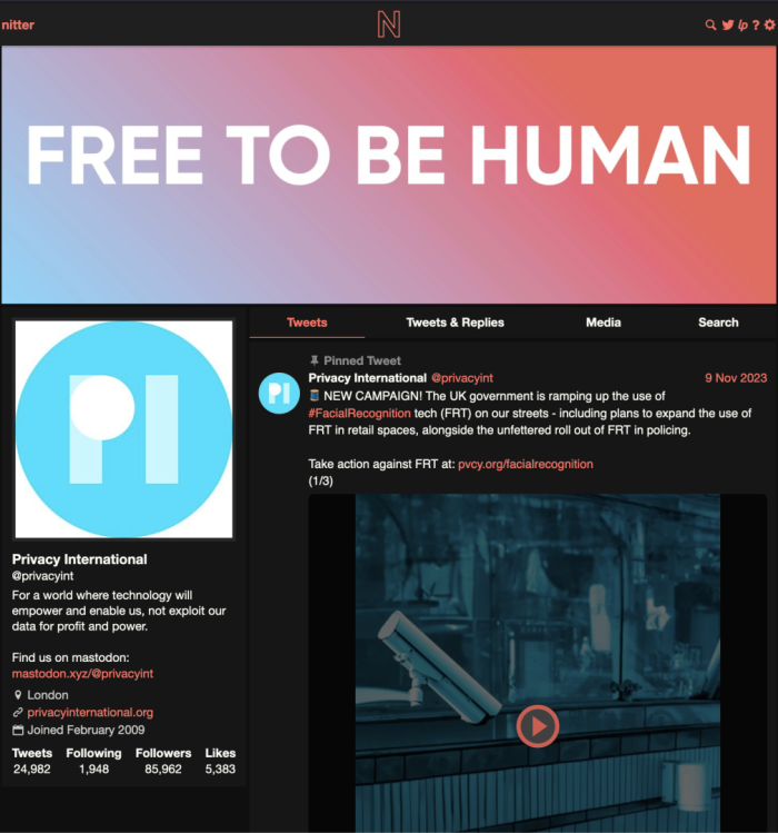 Privacy International's X profile on Nitter