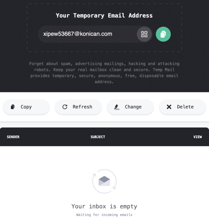 screenhot of Temp Mail's interface