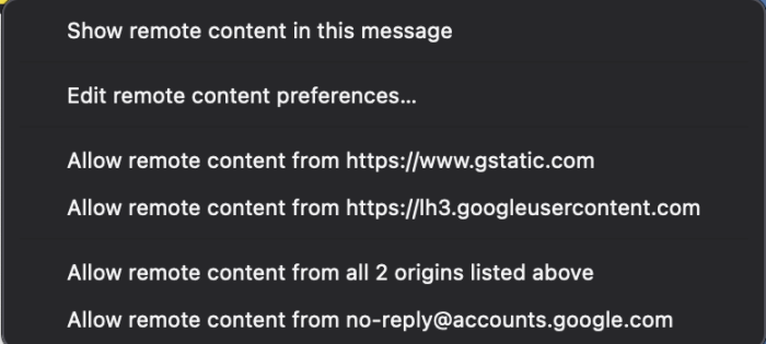 Preferences for remote content loading in a message.