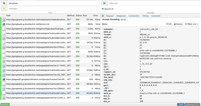 Screen shot of requests in the Data Interception Environment (DIE), which have been filtered for GoogleAd requets. One is highlighted containing information about the device using the app.