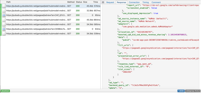 Screenshot of the same request as Fig 2.5, includes "ad_source_instance_name": "AdMob (default)"