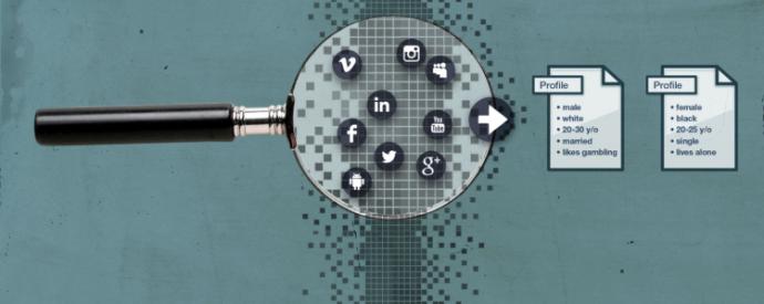 Magnifying glass over social media icons and profiles