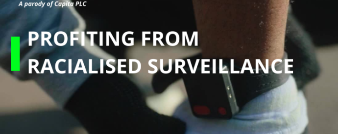 Ankle tag with "Profiting from racialised surveillance" overtext