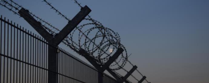 Barbed wire fence at sunrise