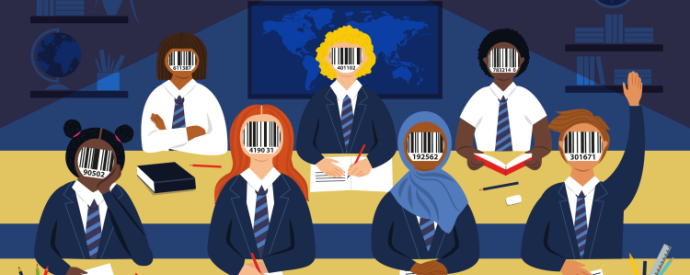 Pupils with barcodes for faces sit in a classroom