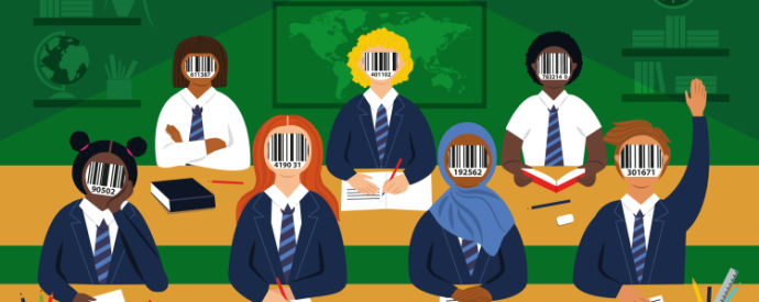Cartoon children sitting in a green classroom under a camera, they have barcode faces