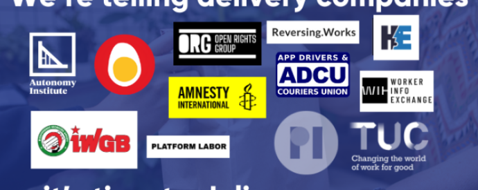 A collection of logos of the organisations who've signed up to our campaign telling delivery companies it's time to deliver answers on algorithmic transparency including the Trades Union Congress and Amnesty International