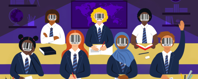 Cartoon children in an ominous red classroom under a camera, they have barcodes for faces