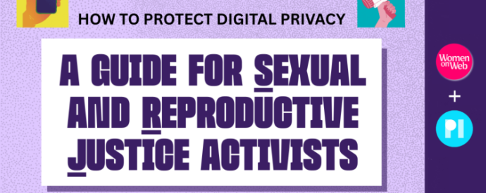 Cartoon image of a phone and a megaphone, the logos of PI and Women on Web
