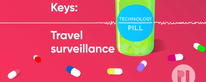 An open green pill bottle labelled Technology Pill, surrounded by pills and the title of the podcast; the bottle sits over a sound waveform
