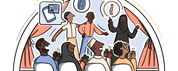 Illustration (in blue, peach, yellow, and brown colours) of a theatre performance: three people standing on a stage with curtains, speech bubbles coming out of their mouth, containing illustrations of a fingerprint, an "i" for information, and an ID card; four people in sitting on chairs in the audience clapping.