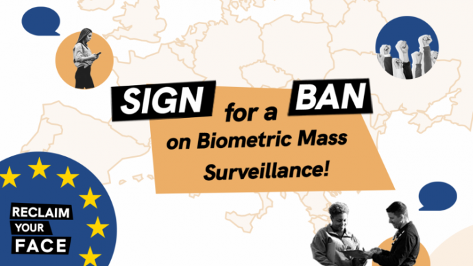 Protest related images on bubbles sitting on top of an outlined map of the European Union Text reads: Sign for a ban on biometric mass surveillance