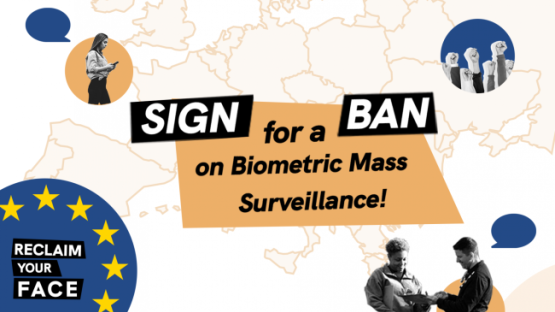 Protest related images collaged on top of an outlined map of europe text reads Sign for a Ban on biometric mass surveillance