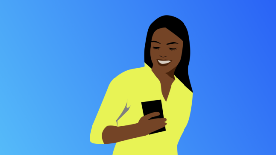 woman smiling at phone graphic