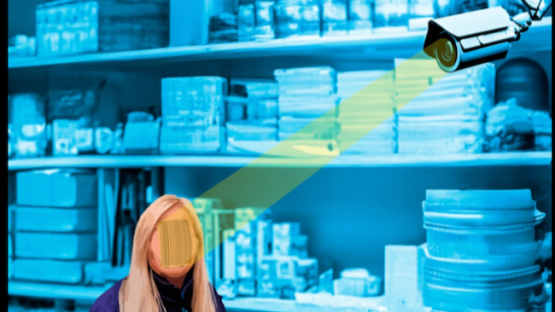 Woman in supermarket with face covered in a barcode, being scanned by a camera