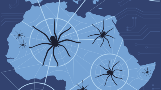 European and African continents with spider webs