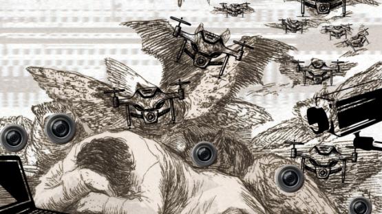 A digital collage based on Goya’s etching showing a person asleep at a desk. The figure leans forward with their head on their arms. Around them hover many small drones and large video surveillance cameras, replacing the original owls and bats. A laptop sits open on the desk. Faint text on the desk reads “The sleep of reason produces monsters.” A label over the word “reason” says “AUTONOM-IA.” The overall effect suggests technology watching and controlling a passive person