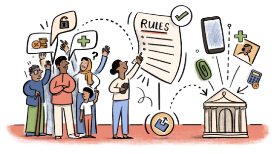 Colourful illustration of people with speech bubbles containing images of a security lock, a green cross, and coins; next to the people a document with "rules" and a courthouse with illustrations of a fingerprint, a phone, a calculator and a medical ID document above it.