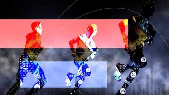 Three human silhouettes are depicted mid-stride, each comprising of a collage of hardware used to develop AI including circuit boards and CPU chips. In the background there is a black and grey gradient with smoke. Beneath the runners from the left, there are two rectangle panels which run across the image, one is red and the other is blue. 