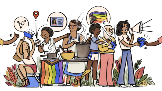 Colourful illustration of people standing around community kitchen