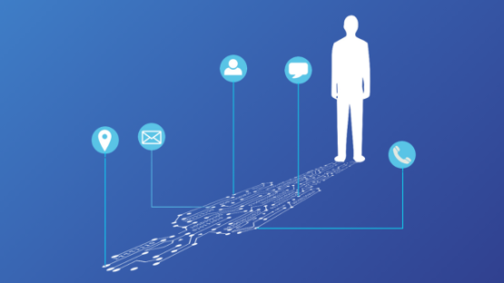 Image of a person with a digital shadow on a blue gradient and various buttoms of tech coming out 