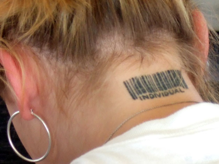 picture of woman with barcode tatoo