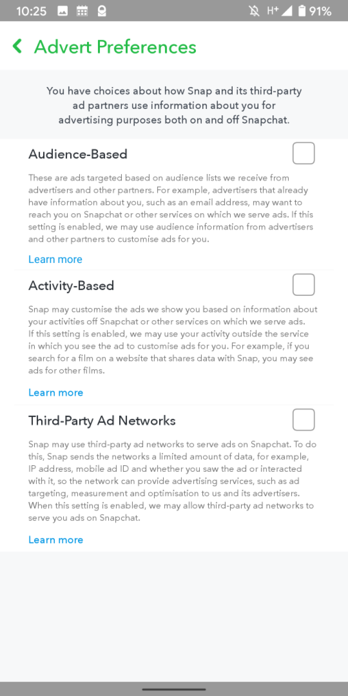 Snapchat advert preferences